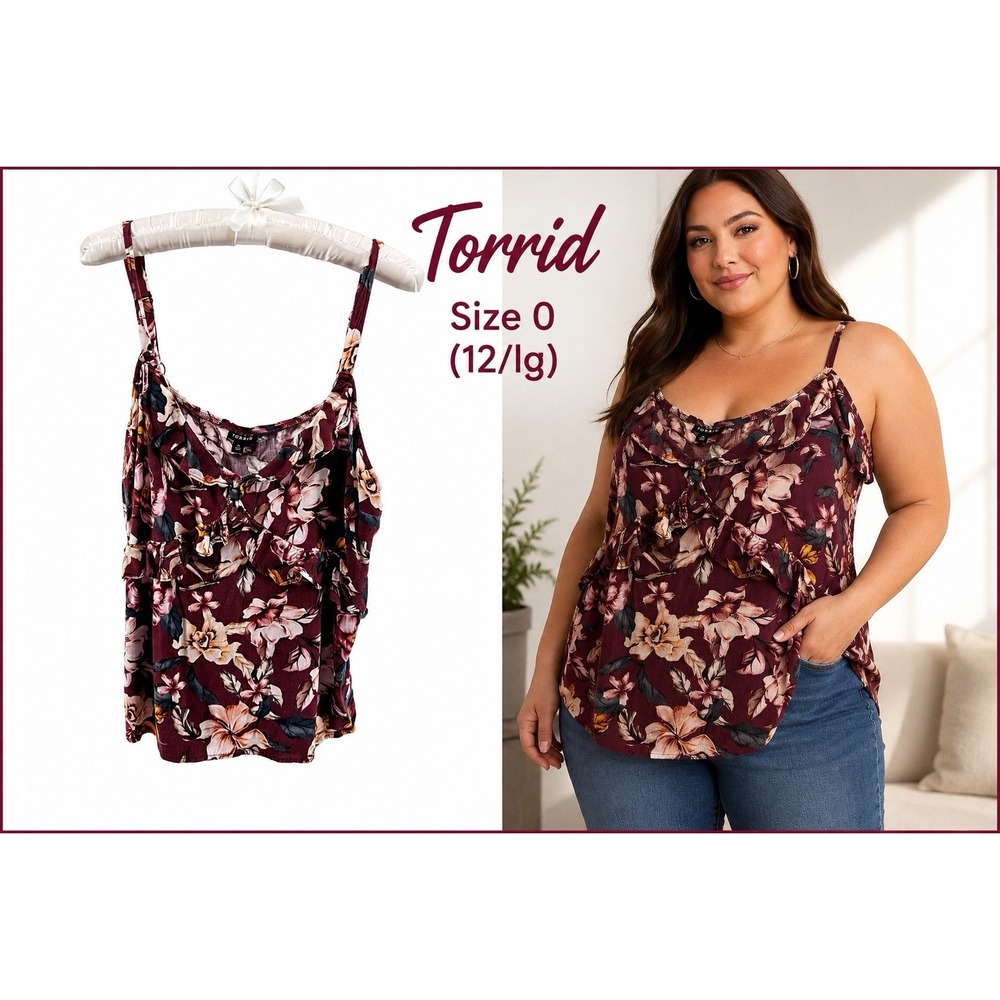 Torrid Size 0 (12/Lg) Burgundy Floral Ruffle Tie Front Sleeveless Tank Top